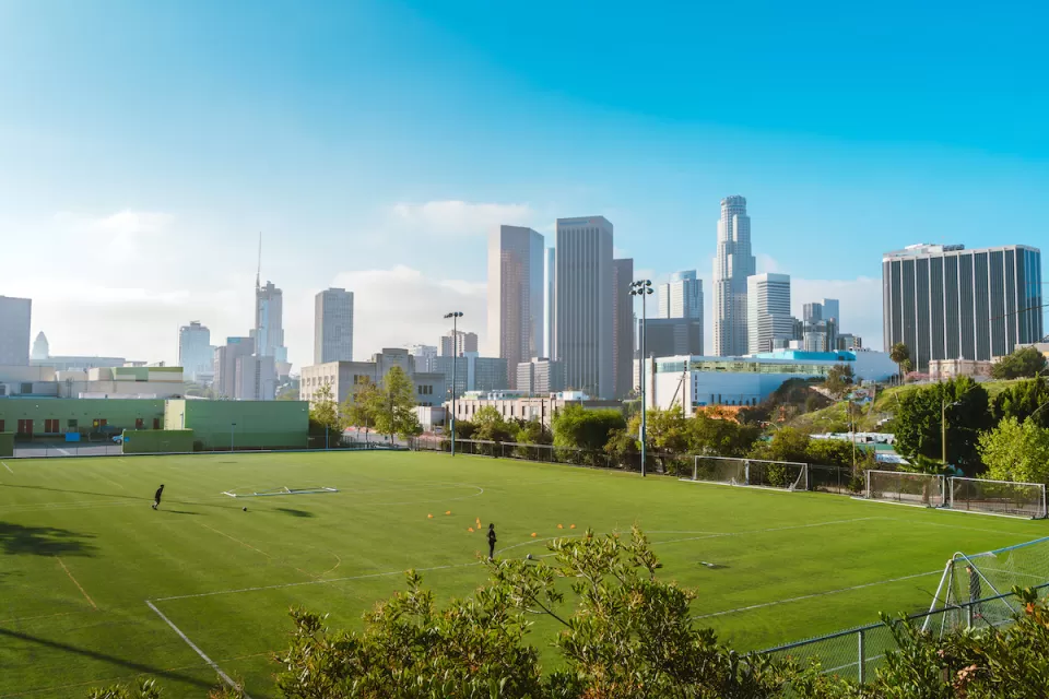 Green grass soccer field with Los Angeles skyline in background.